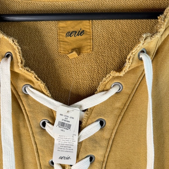 Aerie NWT Lace Up Oversized Long Sleeve Vintage Yellow Crew Sweatshirt Large - Picture 4 of 7